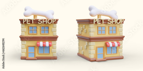 3d realistic model of store selling products for animals. Concept of pet shop in different sides. Pet food store. Vector illustration in brown and yellow colors