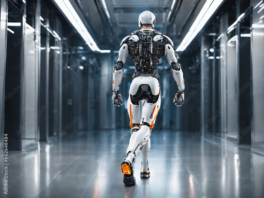 Back view of a robot walk through illuminated corridor. Generative Ai	