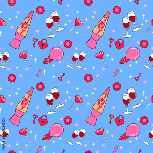 Seamless pattern with y2k style elements. Bright youth pattern with Cute symbols. Wine Glass, lock with key, candy, backlight with liquid and bubble gum. Vector illustration on Blue background for