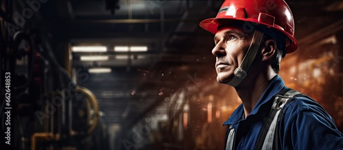 Focused worker wearing a hard hat in a busy factory With copyspace for text