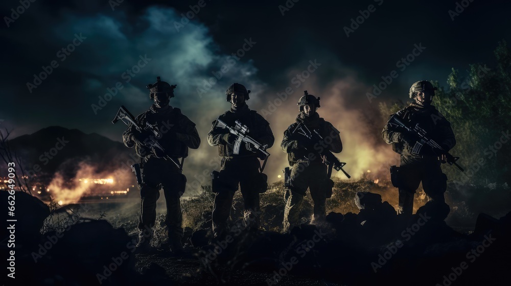 A group of military with weapons training at night