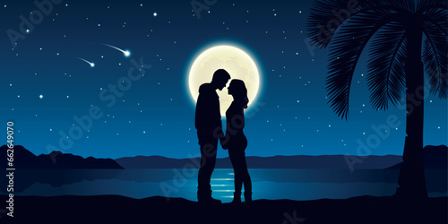 happy couple enjoy the full moon and falling stars on the beach vector illustration