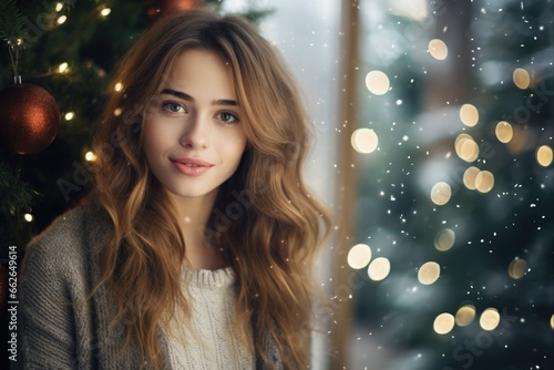 Winter Holiday Woman. Close-up Portrait of Beautiful Smiling Woman on Christmas Background, Near the Festive Tree