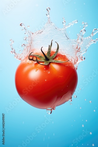 Fresh red tomato with splash fly in the air on blue pastel background.