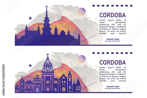 Cordoba Argentina city banner pack with abstract shapes of skyline, cityscape, landmarks and attractions. South region town travel vector illustration set for brochure, website, page, presentation