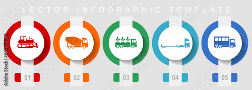 Transport flat design icon set, miscellaneous icons such as bulldozer, concrete mixer, truck and delivery, vector infographic template, web buttons collection
