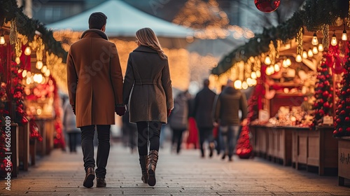 Rear view of couple walking through Christmas market. Generative AI