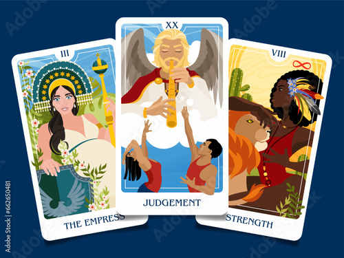 The card layout of the senior arcana consists of three cards: judgment, strength, the empress. Occult esoteric spiritual Tarot. Numerology and fortune telling. Modern vector illustrations