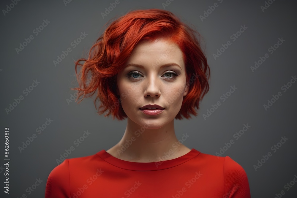 attractive redhead woman in light red dress with short hair on solid grey background. Generative AI. attractive redhead woman in light red dress with short hair on solid grey background. Generative AI.