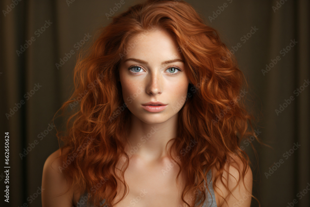 Fototapeta premium Portrait of a redhead woman with beautiful. and perfect skin, cosmetics, skincare, makeup, wellness concept with empty copyspace for text 