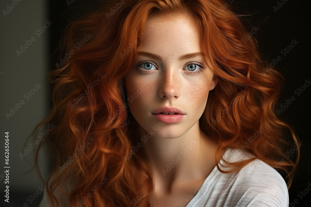Portrait of a redhead woman with beautiful. and perfect skin, cosmetics, skincare, makeup, wellness concept with empty copyspace for text Portrait of a redhead woman with beautiful. and perfect skin, cosmetics, skincare, makeup, wellness concept with empty copyspace for text