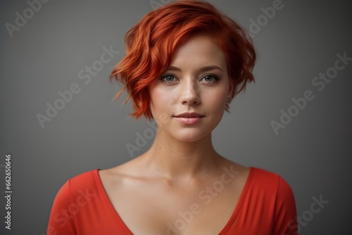 attractive redhead woman in light red dress with short hair on solid grey background. Generative AI. photo