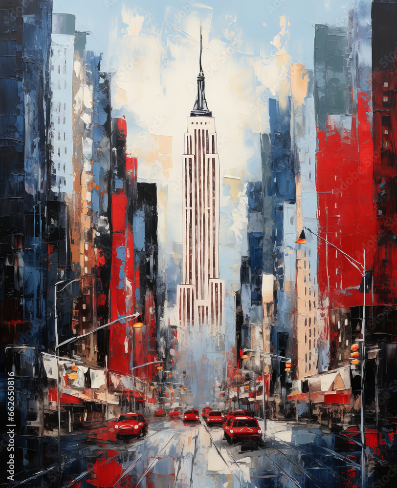 New York City, in the impasto painting style, cheerful colors, light navy and red. ideal for decoration of travel agency, hotels. vacation, destination concept. vertical composition