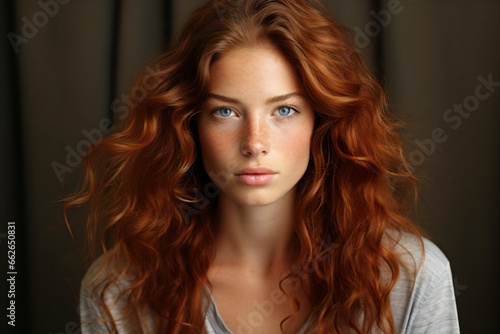 Portrait of a redhead woman with beautiful. and perfect skin, cosmetics, skincare, makeup, wellness concept with empty copyspace for text 