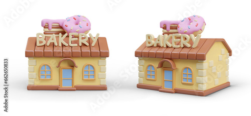 3d realistic model of shop in cartoon style. Bakery in different positions with cake and donuts. Order of tasty products online. Vector illustration in brown and yellow colors