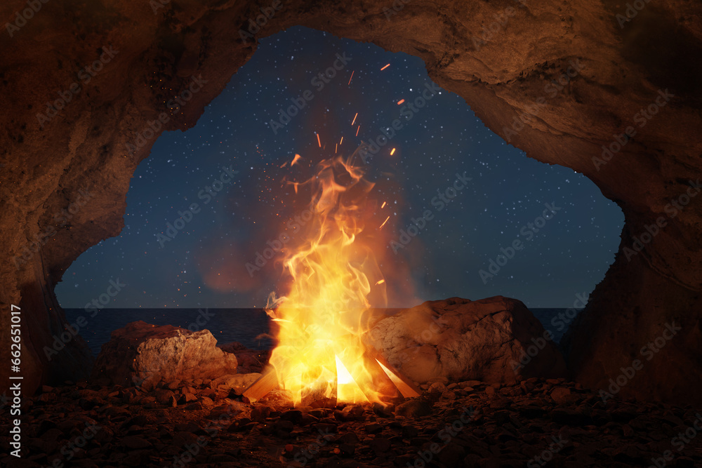 3d rendering of big bonfire with sparks and particles in front of sea and cave