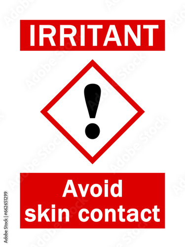 Irritant, avoid skin contact. Hazard rhombus sign with eclamation point with text above and in the bottom on red backgrounds.