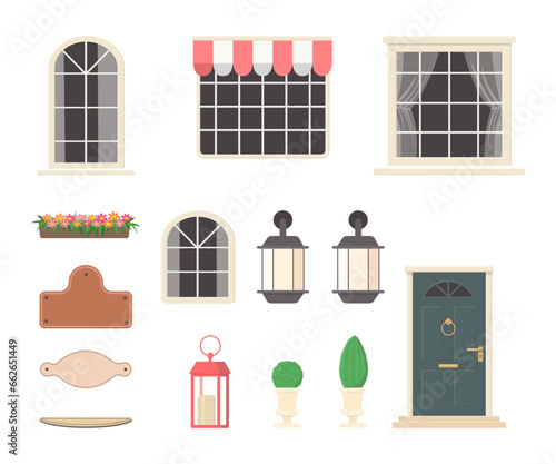 Create your own home. Constructor of house elements from dark door, windows, lanterns, plants, signs. On white background. Exterior concept for house. Vector illustration. Cartoon flat style