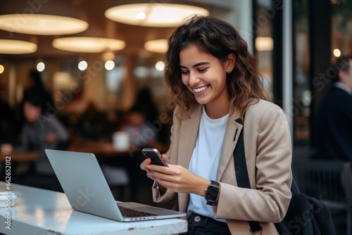 Happy female student sitting in a coffee shop, using a smartphone or business, online shopping, transfer money, financial, internet banking. in coffee shop cafe over blurred background.