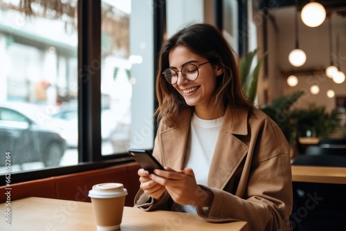 Happy female student sitting in a coffee shop, using a smartphone or business, online shopping, transfer money, financial, internet banking. in coffee shop cafe over blurred background.