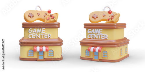 Game center building, front and side view. Gaming center. Decorative game console and joystick. Gaming club. Modern virtual entertainment. Vector illustration