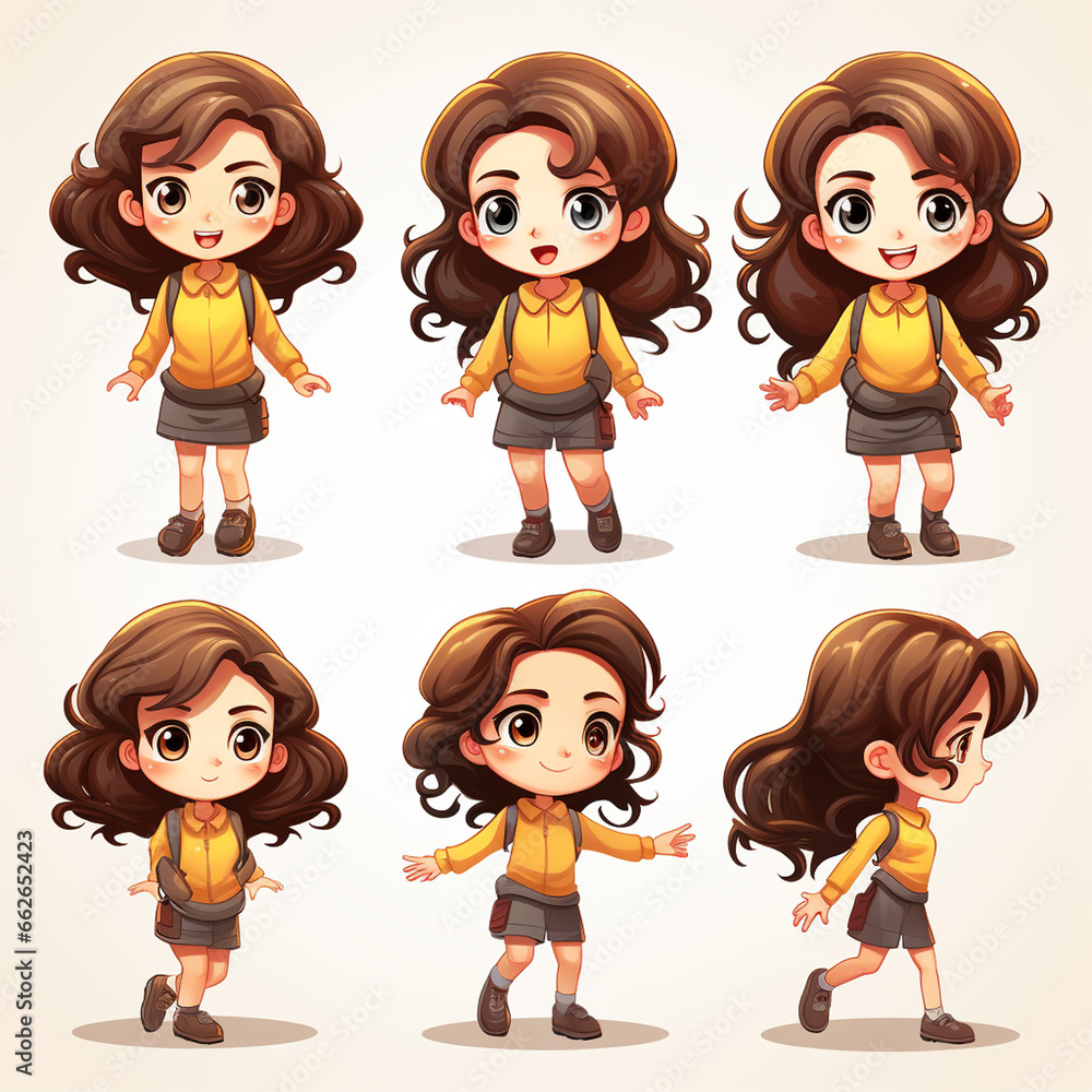 Cartoon schoolgirl with different hairstyles and facial expressions. Vector illustration. Cartoon schoolgirl with different hairstyles and facial expressions. Vector illustration.