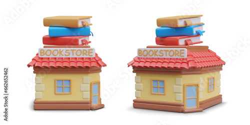 Models of bookstore in different positions. 3d realistic building in red, yellow and blue colors selling literature. Vector illustration in cartoon style