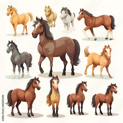 Set of different horses. Cartoon vector illustration isolated on white background.
