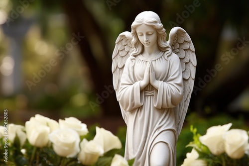 Angel statue with white roses in the cemetery.Religious background 