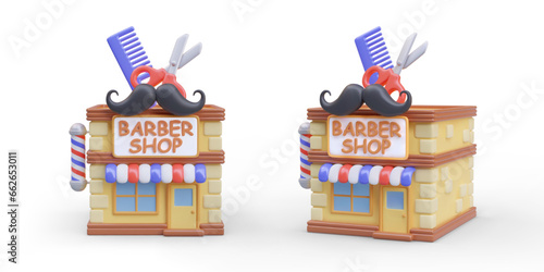 Vector barber shop building with decorative sign. Realistic object in different positions. Set of isolated images on white background. Color template for website design, application