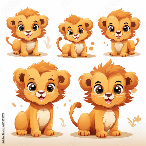 Cute cartoon lion set. Vector illustration isolated on white background.