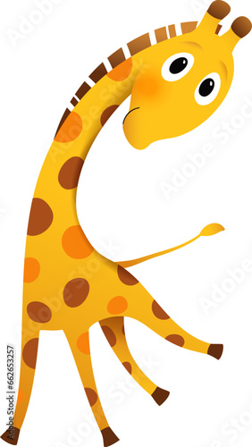 Cute happy giraffe illustration for kids. Dancing and jumping funny baby giraffe, animal cartoon for children birthday party. Isolated hand drawn vector animal character design clip art.