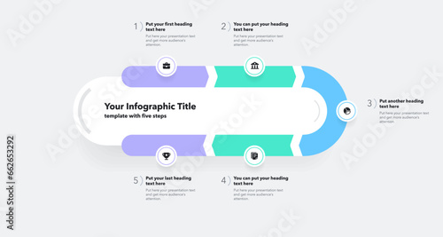 Infographic progress diagram with five steps with numbers and minimalistic icons. Can be used for your website or presentation.