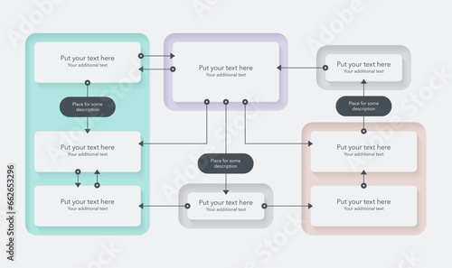Process flow diagram template with four sections. Simple infographic template for project data visualization.