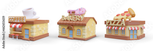 3D coffee shop, bakery, pizzeria in cartoon style. Set of isolated vector images. Realistic buildings with cute decorative elements and text signs. Game content