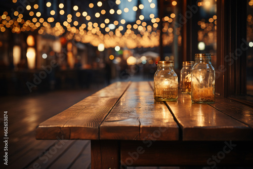 Empty wooden table and blurred background of hall of stage bar or cafe with bokeh lights