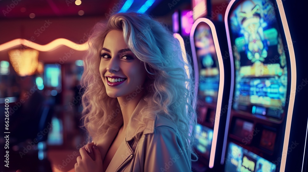 A woman playing a slot machine in a casino A woman playing a slot machine in a casino