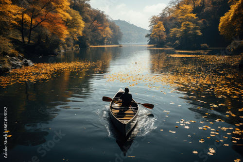Person rowing a boat on a lake in autumn with serene water around him