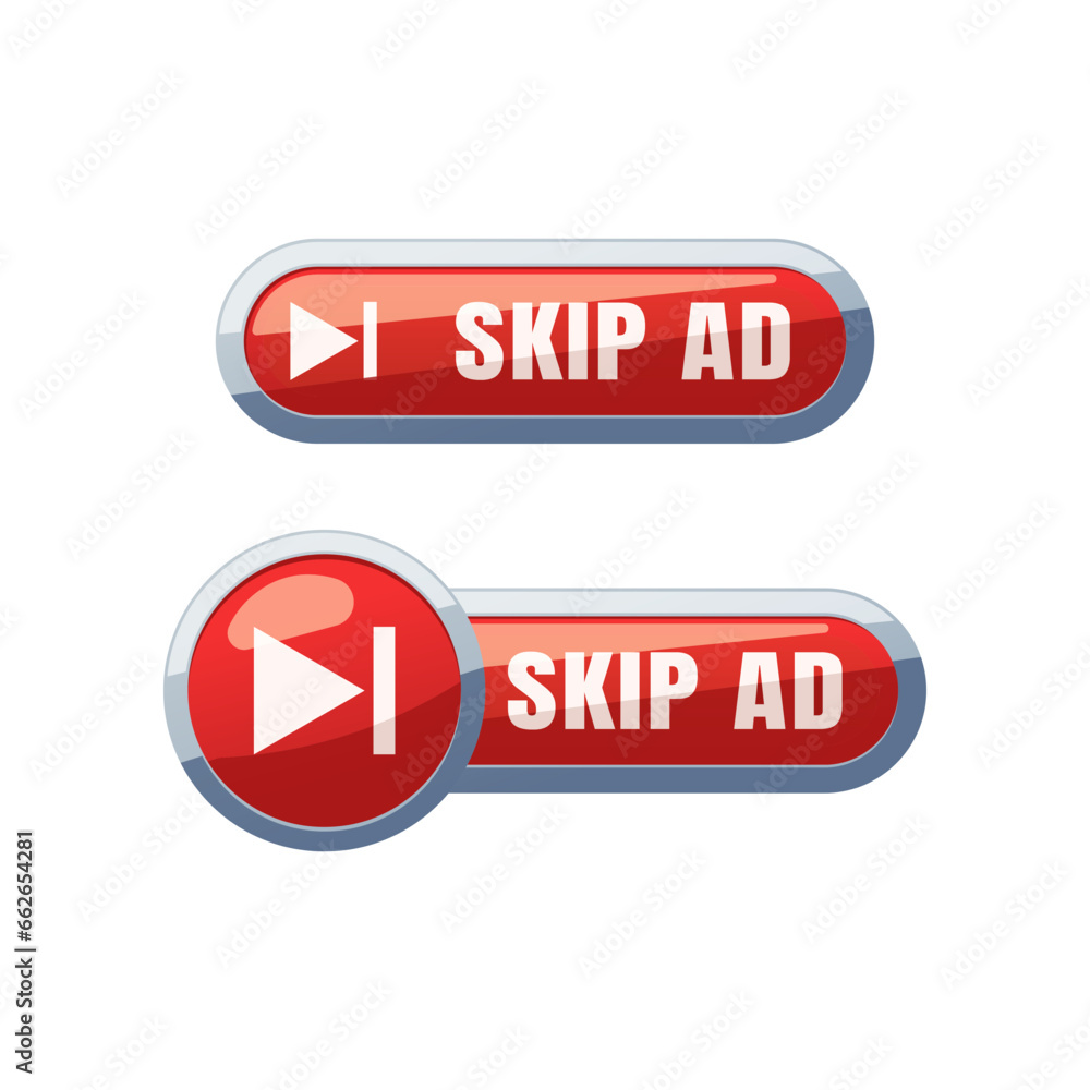 Skip ad red button vector isolated on white background. Skip ad red button vector isolated on white background.