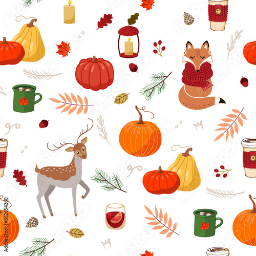 Autumn, forest animals, foliage and hot drinks. Bright color editable seamless pattern on a white background.