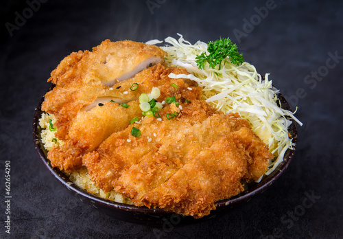Crispy Katsu chicken with sauce, rice and cabbage