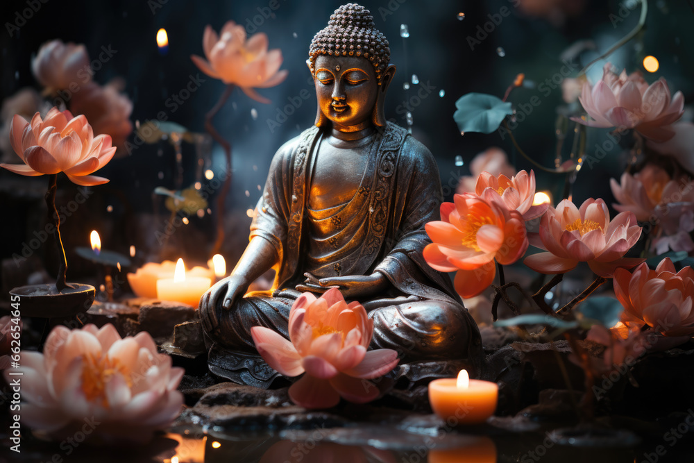 Buddha statue in floral environment in lotus pose - obrazy, fototapety, plakaty 