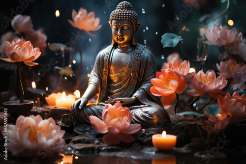 Buddha statue in floral environment in lotus pose photo