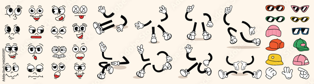 Set of 70s groovy comic vector. Collection of cartoon character faces in different emotions, hand, glove, glasses, hat, shoes. Cute retro groovy hippie illustration for decorative, sticker. Set of 70s groovy comic vector. Collection of cartoon character faces in different emotions, hand, glove, glasses, hat, shoes. Cute retro groovy hippie illustration for decorative, sticker.