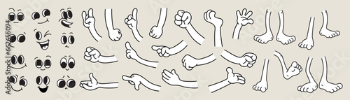 Set of 70s groovy comic faces vector. Collection of cartoon character faces, leg, hand in different emotions happy, angry, sad, cheerful. Cute retro groovy hippie illustration for decorative, sticker.