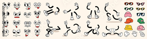 Set of 70s groovy comic vector. Collection of cartoon character faces in different emotions, hand, glove, glasses, hat, shoes. Cute retro groovy hippie illustration for decorative, sticker.