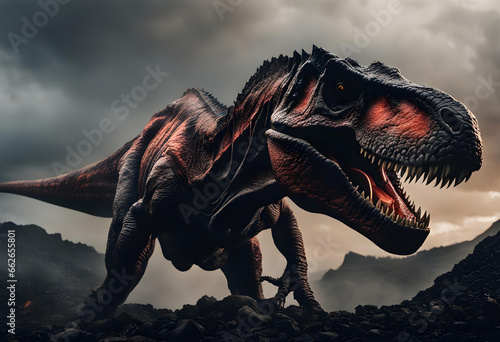 Dinosaur Tyrannosaurus Rex in front of a fire-breathing volcano © PhotoPhreak