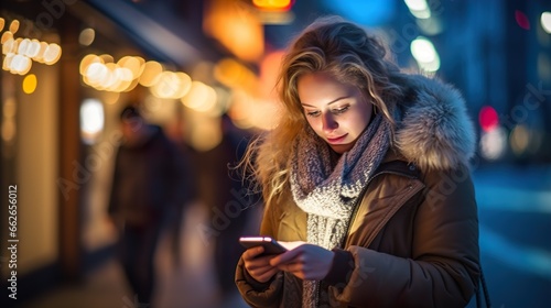 Blonde Woman Texting on Smartphone in Busy City Night