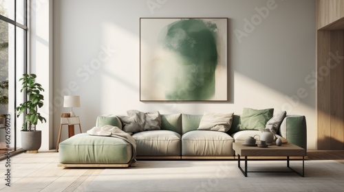 Fototapeta Naklejka Na Ścianę i Meble -  Dark green sofa and grey pouf against white wall with big art poster frame. Scandinavian home interior design of modern living room.