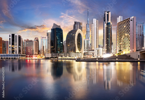 Dubai skyline with skyscraper and reflection in canal - nice cityscape in United Arab Emirates